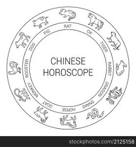 Chinese horoscope circle. Rat, ox, cat and rabbit, hare, tiger, dragon and snake, horse, goat and monkey, rooster, dog and boar. Animal symbols 2022 and 2023 vector set. Black line. Editable path.. Chinese horoscope circle. Rat, ox, cat, rabbit, hare, tiger, dragon, snake, horse, goat, monkey, rooster, dog and boar. Animal symbols 2022, 2023 vector set. Black line. Editable path