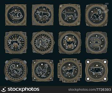 Chinese horoscope occult symbols with vector zodiac animals, signs of astrology calendar and Lunar New Year. Horse, pig, rat and tiger, monkey, snake, dog and dragon, ox, rabbit, rooster and goat. Chinese horoscope occult symbols, zodiac animals