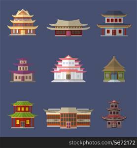 Chinese house ancient temples oriental buildings icons set isolated vector illustration