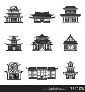 Chinese house ancient temples traditional oriental buildings black icons set isolated vector illustration