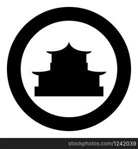Chinese house silhouette Traditional Asian pagoda Japanese cathedral Facade icon in circle round black color vector illustration flat style simple image. Chinese house silhouette Traditional Asian pagoda Japanese cathedral Facade icon in circle round black color vector illustration flat style image