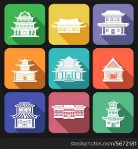 Chinese house traditional wooden oriental buildings flat icons set isolated vector illustration