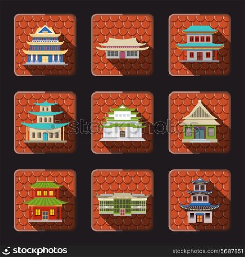 Chinese house traditional wooden oriental buildings icons set with tile background isolated vector illustration