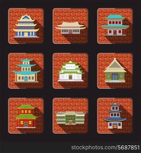 Chinese house traditional wooden oriental buildings icons set with tile background isolated vector illustration
