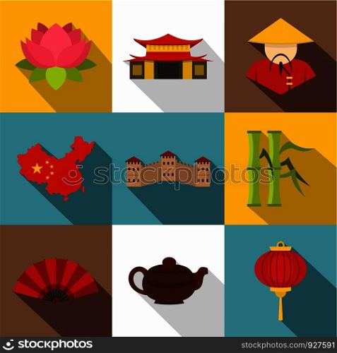 Chinese icon set. Flat style set of 9 chinese vector icons for web design. Chinese icon set, flat style