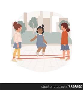 Chinese jump rope isolated cartoon vector illustration. Girls standing with elastic rubber band around ankles, one kid jumping over chinese rope, students having fun, recess vector cartoon.. Chinese jump rope isolated cartoon vector illustration.