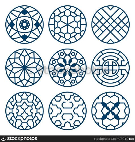 Chinese, korean traditional vector repeat symbols, bathroom decoration set. Chinese, korean traditional vector repeat symbols, bathroom decoration. Set of round elements with pattern illustration