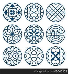 Chinese, korean traditional vector repeat symbols, bathroom decoration set. Chinese, korean traditional vector repeat symbols, bathroom decoration. Set of round elements with pattern illustration