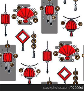 Chinese lantern made of papers, oriental style seamless pattern. Chinese New Year decoration design elements.. Chinese lantern made of papers, oriental style seamless