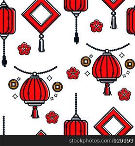 Chinese lantern made of papers, oriental style seamless pattern vector. Isolated icons of flowers in blossom and sparkles, Asian decoration and celebration of new year, party hanging decoration. Chinese lantern made of papers, oriental style seamless pattern