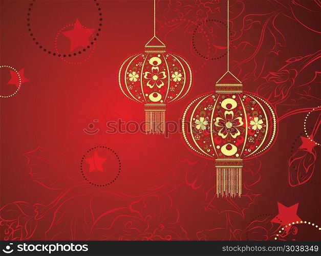 Chinese Lantern with Flowers. Decorative oriental Asian paper lantern with flower ornament.