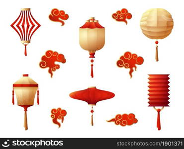 Chinese lanterns. Hanging lantern, red gold night lights. Holiday traditional asian symbols, japanese korean lamps and clouds swanky vector set on white. Chinese lanterns. Hanging lantern, red gold night lights. Holiday traditional asian symbols, japanese korean lamps and clouds swanky vector set