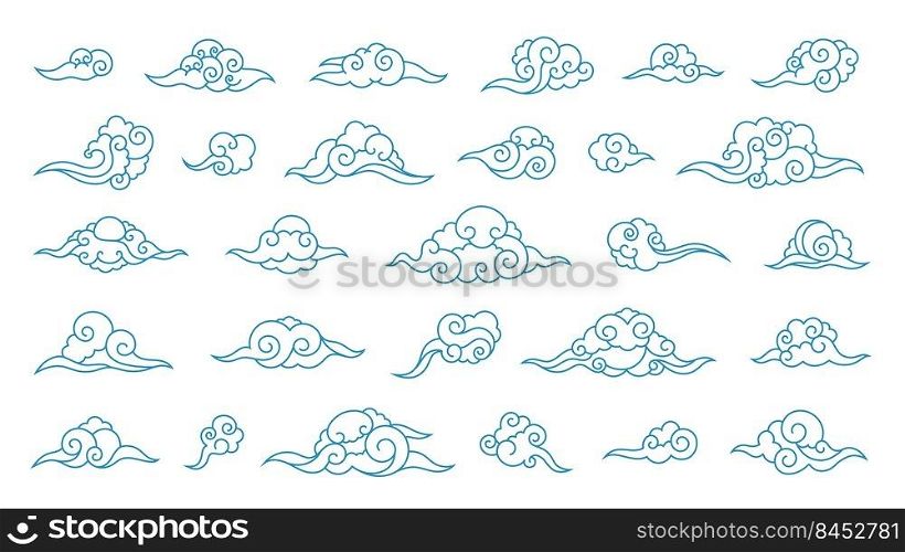 Chinese line clouds. Asian line ornament of nature elements, Korean Japanese oriental decoration art. Vector retro graphic on sky background texture of asia curly cloudy drawn illustration. Chinese line clouds. Asian line ornament of nature elements, Korean Japanese oriental decoration art. Vector retro graphic on sky background texture