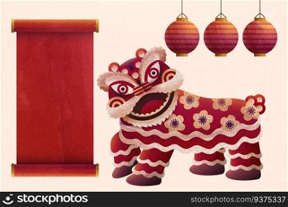 Chinese lion dance design elements with red lanterns in hand drawn style. Lion dance design elements