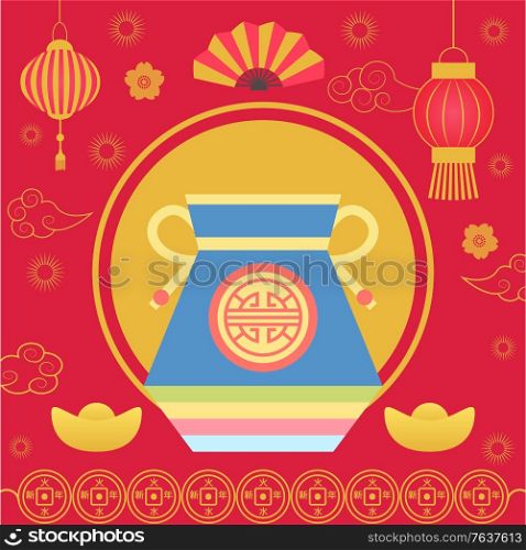 Chinese lucky bag with fortune vector, sack with cookies containing prediction. Fan and floral decoration, lantern and coins. Oriental style of celebration and wishing of success and happiness. Fortune Bag with Oriental Style, Cookie Fan Lantern