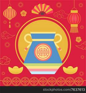 Chinese lucky bag with fortune vector, sack with cookies containing prediction. Fan and floral decoration, lantern and coins. Oriental style of celebration and wishing of success and happiness. Fortune Bag with Oriental Style, Cookie Fan Lantern