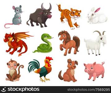 Chinese Lunar New Year animals, zodiac horoscope cartoon vector characters. Cute rat or mouse, dragon and pig, dog, tiger, rooster or chicken, horse, snake, monkey, ox, rabbit, goat or sheep signs. Chinese horoscope cartoon vector animals