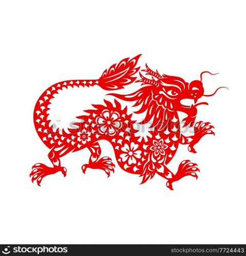 Chinese lunar new year dragon, zodiac sign and vector oriental holidays symbol. Red dragon in paper cut art for Chinese New Year festival, greeting card or lunar horoscope calendar. Chinese lunar new year dragon, zodiac sign