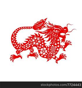 Chinese lunar new year dragon, zodiac sign and vector oriental holidays symbol. Red dragon in paper cut art for Chinese New Year festival, greeting card or lunar horoscope calendar. Chinese lunar new year dragon, zodiac sign