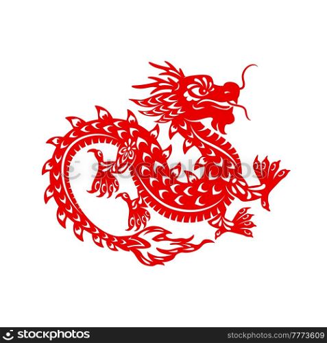 Chinese Lunar New Year festival dragon vector design. Dancing dragon of animal zodiac horoscope symbol, isolated red paper cut monster or oriental mythology with flower ornaments and fire flames. Chinese Lunar New Year festival dragon