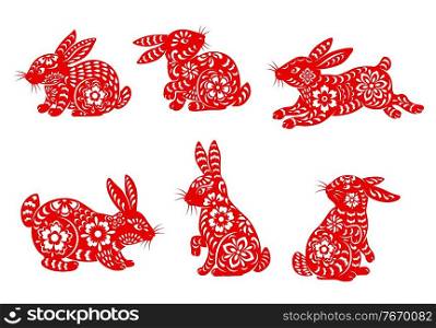 Chinese Lunar New Year rabbit isolated icons with vector animals of Asian zodiac. Red papercut rabbits of lunar calendar horoscope with oriental paper cut flower ornaments, Chinese New Year design. Chinese Lunar New Year rabbit isolated icons