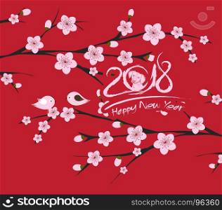 Chinese Lunar New Year with blossom and bird. Year of the dog