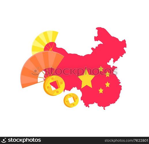 Chinese map with flag vector, isolated representation of China and stars, decoration of hand fans used to get rid of heat. Asian country traditional colors. Map of China and Hand Fans with Wooden Handle