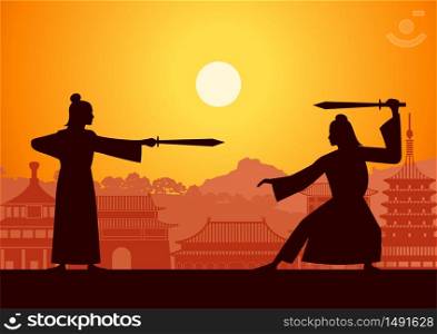 Chinese martial hero train fight each other front of ancient China landmarks sunset time,silhouette style,vector illustration