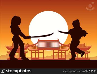 Chinese martial hero train fight each other front of ancient Chinese house on sunset time,silhouette style,vector illustration