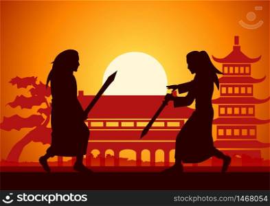 Chinese martial hero train fight each other front of ancient Chinese house on sunset time,silhouette style,vector illustration
