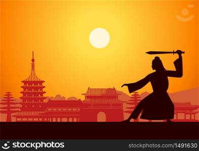 Chinese martial hero train fight front of China landmarks on sunset time,silhouette style,vector illustration