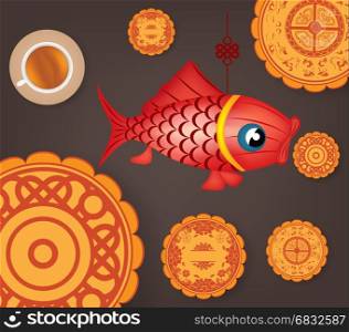 Chinese mid autumn festival background with carp lantern, tea and cake