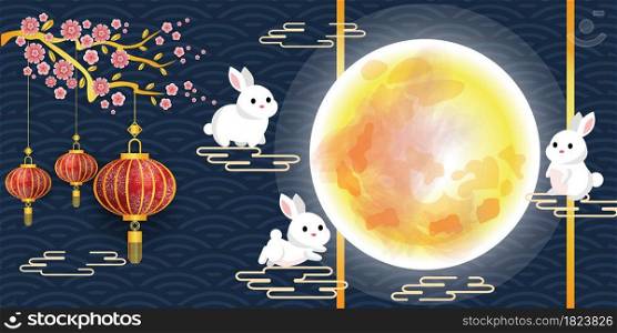 Chinese mid autumn festival graphic design illustration of the full moon Consisting of white rabbit, clouds, lanterns, Chinese patterns, sakura flowers On a blue background.