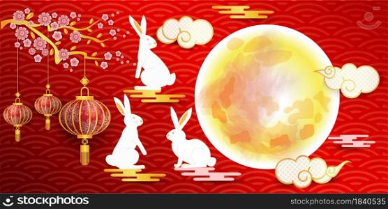 Chinese mid autumn festival graphic design illustration of the full moon Consisting of white rabbit, clouds, lanterns, Chinese patterns, sakura flowers On a red background.