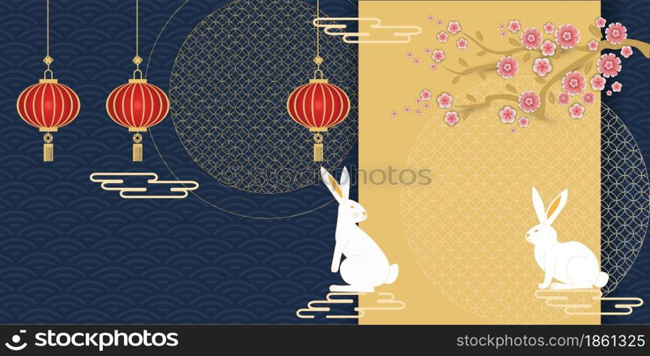 Chinese mid autumn festival graphic design illustration of the full moon Consisting of white rabbit, clouds, lanterns, Chinese patterns, sakura flowers On a blue background.