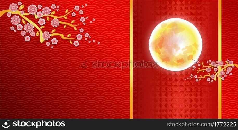 Chinese mid-autumn festival graphic design illustration of the full moon Consisting of Chinese patterns, sakura flowers On a red background.