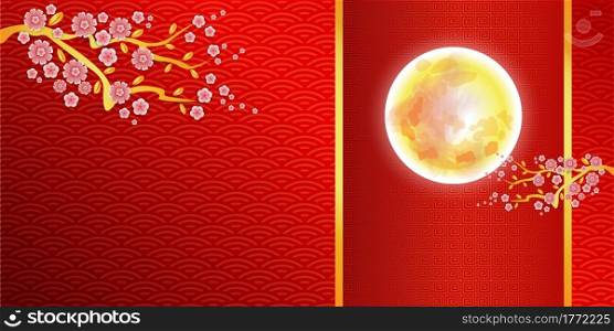 Chinese mid-autumn festival graphic design illustration of the full moon Consisting of Chinese patterns, sakura flowers On a red background.