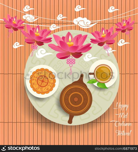 Chinese moon cake and green tea for Mid autumn festival. Tea pot, tea cup