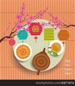 Chinese moon cake and green tea for Mid autumn festival. Tea pot, tea cup