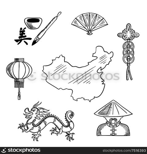 Chinese national symbols with dragon and mandarin or chinaman, lantern and calligraphy, fan and wealth symbol around a map of China. Chinese national symbols around a map