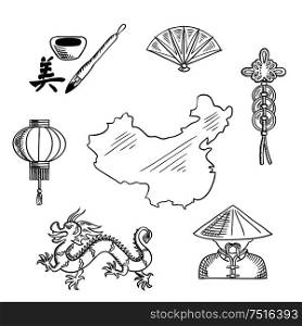 Chinese national symbols with dragon and mandarin or chinaman, lantern and calligraphy, fan and wealth symbol around a map of China. Chinese national symbols around a map
