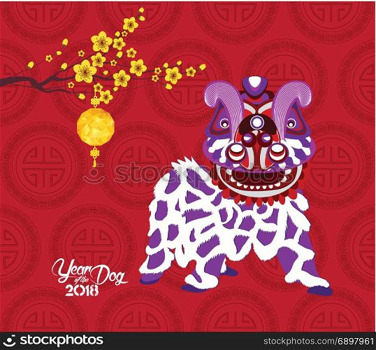 Chinese new year 2018 lantern, blossom and lion dance. Year of the dog