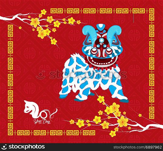 Chinese new year 2018. Year of the dog background with lion dance