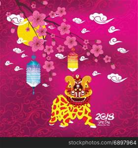 Chinese new year 2018. Year of the dog background with lion dance