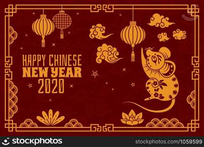 Chinese new year. 2020 red concept with golden rat, traditional orient patterns. Zodiacal mouse calendar symbol vector background with flower asian border. Chinese new year. 2020 red concept with golden rat, traditional orient patterns. Zodiacal mouse calendar symbol vector background