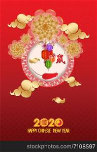 Chinese new year 2020 year of the rat , red and gold paper cut rat character,flower and asian elements with craft style on background. Translation mouse