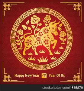Chinese new year 2021 card is bull paper cut in circle frame and Chinese word mean bull,vector illustration