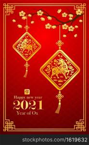 Chinese new year 2021 card is ox in lantern and Chinese word mean ox,vector illustration