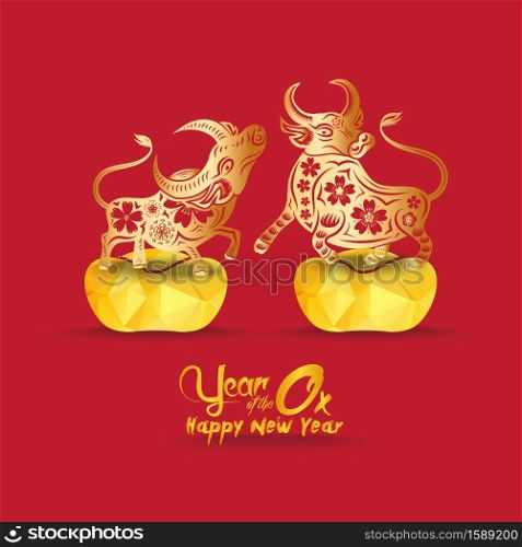 Chinese new year 2021 year of the ox , red paper cut ox character on red background