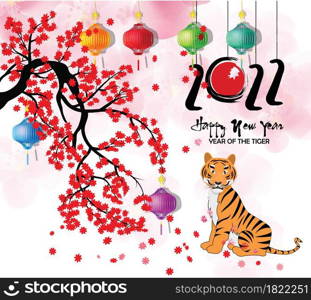 Chinese new year 2022 year of the tiger red and gold flower and asian elements paper cut with craft style on background.( translation : chinese new year 2022, year of tiger )